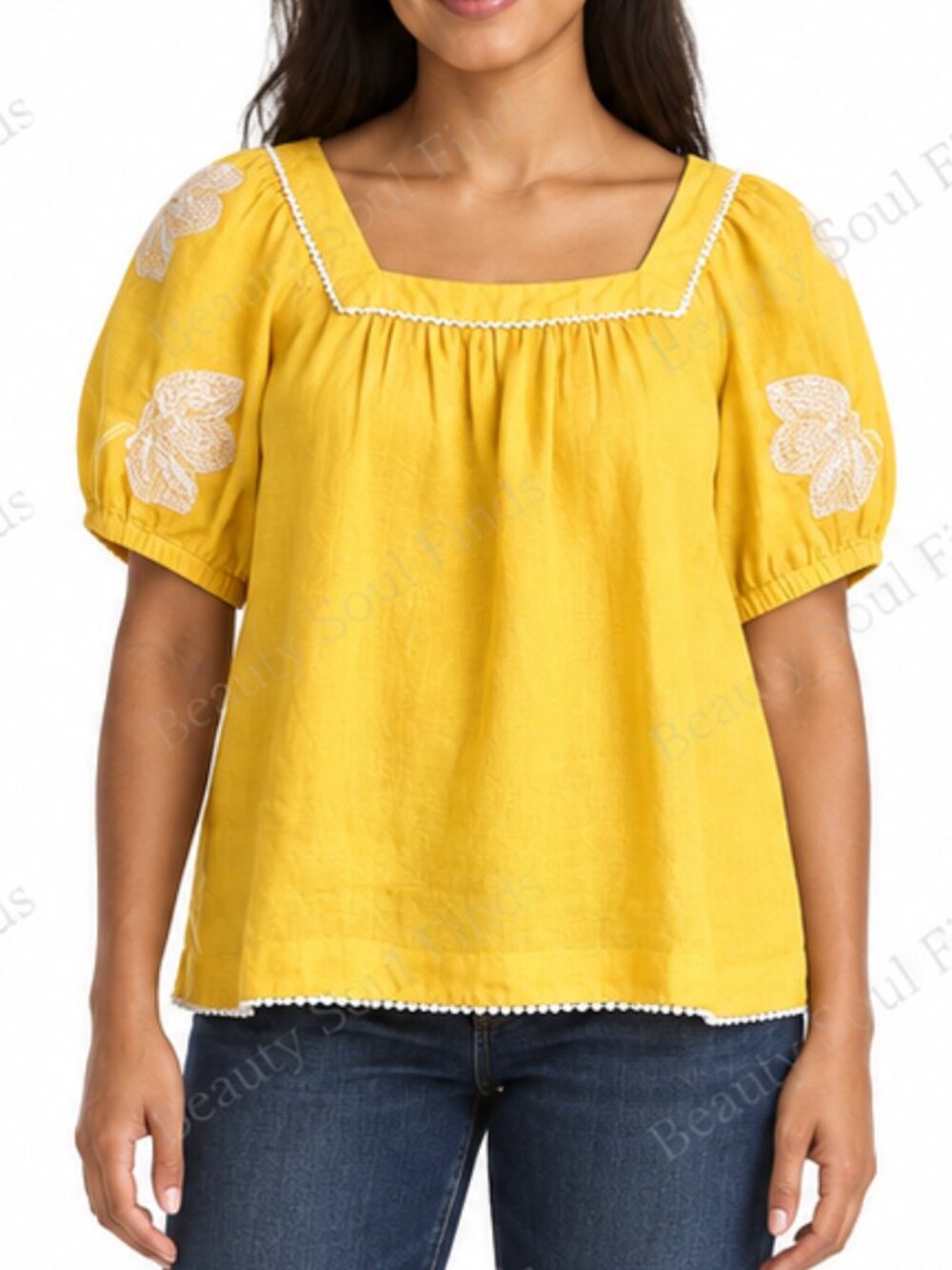J.Crew Yellow 100% Linen Butterfly Embroidered Square Neck Top Size Large